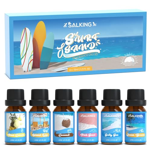 SALKING Sommer Ätherische Öle Set, Aromatherapie Brandung&Sand Duftöl GeschenkSet,Duftöle für Diffuser Luftbefeuchter,6x10 ml(Meeresbrise, Salziges Meer, Rosa Sand, Kokosnuss, Inselleben, Pina Colada)