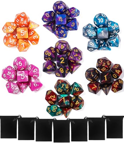 TIDEVAN Polyedrische Würfel,7 x 7(49 Stück) Polyedrische Würfel Set Polyedrische RPG Würfel Würfel Tischspiele mit 7 Schwarze Kordelzugbeutel,für DND MPG MTG Dungeons und Dragons W20 W12 W10 W8 W6 W4