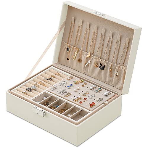 Mtianxy Schmuckkästchen, Damen Doppelschicht PU-Leder Aufbewahrungskoffer für Ringe Ohrringe Armbänder Halsketten Schmuck Veranstalter Geschenkbox für Mädchen Frauen (Weiß)