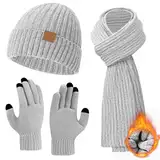 Hellgrau Mütze Schal Handschuhe Set Damen Herren, Touchscreen Handschuhe Damen Winter Mütze Damen Winter Schal Damen Winter, Winterset Handschuhe Mütze Schal Set Damen Geschenke für Frauen Weihnachten