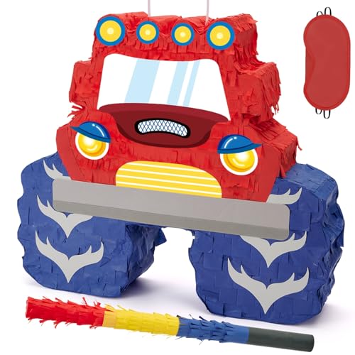 WERNNSAI Monster Truck Piñata –Bundle Pinata mit Augenbinde und Stab Bauen Spielzeugauto Themen Party Zubehör für Kinder Jungen Geburtstag Party Dekorationszubehör Coole Auto Piñata Geschenk