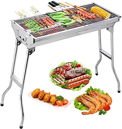 Uten Edelstahl BBQ Holzkohlegrill Räuchergrill Faltbar Tragbar für Kochen im Freien Camping Wandern Picknick Rucksackreisen Groß Silber