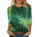 Shirt 3/4 Arm Damen Bedrucktes T-Shirt mit DREI Viertelärmeln, Lässiges Pailletten-Rundhalsausschnitt, Lockeres Modisches Oberteil T Shirt Gelb Pailletten Oberteil Leichte Vintage (240413E-Green, S)