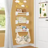 GoTiling 4er-Set Wand Bücherregal Kinderzimmer: 40cm Schwebende Wandregal Kinderregal mit 1er Aufbewahrung Netz - Montessori Kinder Regale für Bücher, Spielzeug und Dekoration(Holz, Weiß, Wandmontage)