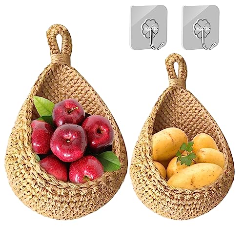 Mafagwre 2 Stück Obstkorb Hängend Korb Geflochten,obstkorb Wand Hängekorb Mit Haken,Handgewebt Küche Aufbewahrung Wandkorb Obstkörbe,Gemüse Aufbewahrung Organisation Deko,Fruit Basket (M+L)