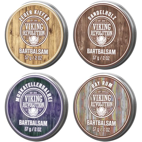 Viking Revolution - Bart Balsam 4er-Sortenpackung - Bartwachs - Stylt, Stärkt und Macht Weich - Sandelholz, Zeder & Kiefer, Bay Rum, Muskatellersalbei - Geschenke Für Männer - 4 x 28g