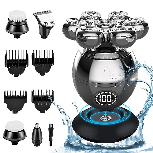 Elektrorasierer Herren, 5 in 1 Glatzen Rasierer Herren, Professioneller Elektrorasierer mit 7 Rotierende Scherköpfe und Trimmer Pflege Kit, wasserdicht, Batterieanzeige und kabellos wiederaufladbar