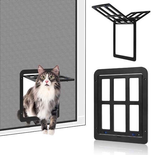 Adiwo Katzenklappe für Fliegengitter, 31.5 x 25 cm Schwarz Automatischen Verschluss Hundeklappe Fliegengitter Balkontür mit Katzenklappe Haustierklappe mit Kreuzschlitzschraubendreher