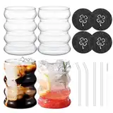 Dadabig 4er Set Gerippte Trinkgläser, 350ml Trinkgläser mit Glasstrohhalmen und Pinsel Wassergläser Eiskaffeegläser Bubble Gläser Longdrinkgläser für Wasser Trink Saft Soda