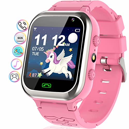 kaacly Smartwatch Kinder Telefonieren -Kinder Smartwatch mit SOS Schrittzähler Spiele Stoppuhr Wecker Touchscreen Taschenlampe Smartwatches Geburtstag für Jungen und Mädchen Geschenke (Pink)