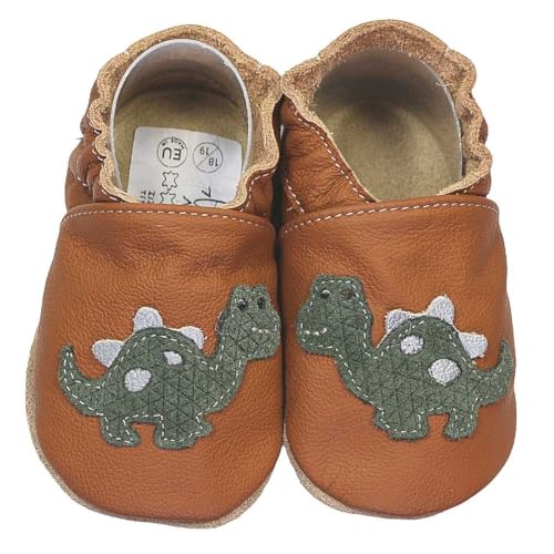 HOBEA-Germany Krabbelschuhe für Jungs und Mädchen in verschiedenen Designs, Kinderhausschuhe Jungen, Lederschuhe, Schuhgröße:20/21, Modell Schuhe: Dino braun