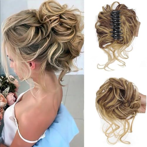 RPAEOY Haarteile Dutt mit Klammer Lockig Wellig Haargummi mit Haaren Klammer Synthetik Messy Bun Haar Scrunchies Haardutt Haarteile für Damen (Goldbraun)