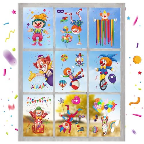 BETESSIN 9 Blatt Fensterbilder Selbstklebend Clown Fenster Aufkleber Karneval Fasching Fenster Abziehbilder Sticker Geburtstagsparty Clown Deko Kinderzimmer Fenster Aufkleber Party Dekoration