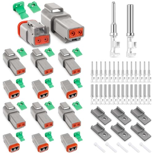 JRready DT Stecker 2 poling Deutsch Stecker Sortiment Set 6 Sätze Grau mit Size 16 Deutsch Terminal Wire Gauge 14-18 AWG IP68 Wasserdichte Stecker 2 polig für Motorrad Roller Auto LKW Boote