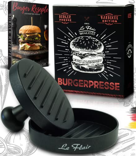 Le Flair® Alu Burgerpresse aus hochwertigem Aluminium - Hamburgerpresse mit Aufbewahrungstasche - Burger Patty Presse inkl. 50 Blatt Backpapier - Perfektes Grillzubehör Geschenk für Männer schwarz