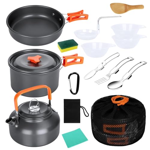 USHOP Camping Kochgeschirr Set,Camping Geschirr Set 15 pcs,2-3 Personen Outdoor Kochgeschirr Set mit Camping Topf,Camping Bratpfanne und Teekannen,Aluminium,für Camping Outdoor Kochen Wandern Reisen