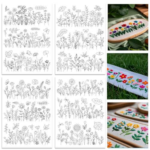 ORIGACH 4 Blatt Stickvorlagen Wasserlöslich, Vorgedruckte Blühenden Sträuchern Stickvorlagen Wasserlöslich für DIY Projekte Selbstklebend Stickaufkleber Stickvorlagen Kreuzstich Sticken Für Anfänger