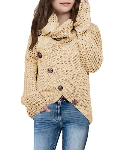Haloumoning Mädchen Pullover Rollkragen Knopf Langarm Strickpullover Kinder Wrap Pulli Sweater, Beige, 8-10 Jahre