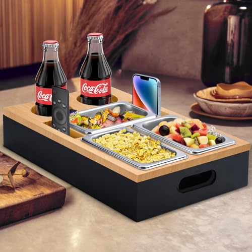 Couchbar Snackbox,Sofa Organizer auf dem Beistelltische Couchtisch, Couchbar Holz als Bier Geschenke für Männer, Sofatablett Mit Zwei Snackschalen und Mehrere Lagerplätze Snackbox mit Getränkehalter