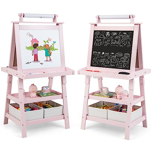 COSTWAY 3 in 1 Kinder Staffelei, Kindertafel doppelseitig, Whiteboard & Kreidetafel & Zeichenpapier, Standtafel inkl. Magneten, 2 Regalebenen Holztafel mit 2 Aufbewahrungsboxen (Rosa)