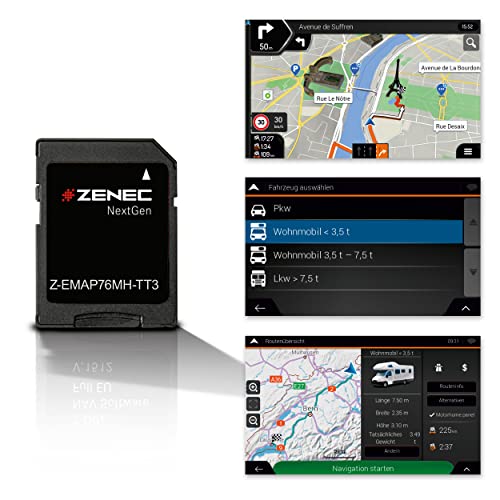 ZENEC Z-EMAP76MH-TT3 – Micro SDHC-Karte mit Reisemobil Navigation für ZENEC Infotainer Z-E3776, Z-N975 und Z-N976, 3-D Karten für Europa, Camping P.O.I. für Wohnmobile, TMC