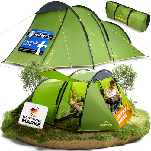 trailvista® Zelt 4 Personen - Familienzelt mit Vorzelt - Campingzelt für 4 Personen wasserdicht mit 3000mm Wassersäule - Camping-Zelte, Outdoor Camping Tunnelzelt