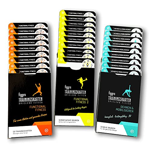 figgrs® 3er-Set "Mehr Leistung" - 3 Kartensets a 57 Trainingskarten mit 150 Fitnessübungen ohne Gerät für einen leistungsfähigen & dynamischen Körper