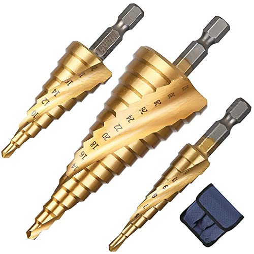 Flintronic HSS Stufenbohrer, 3-tlg Stufenbohrer Set, Schälbohrersatz, Exact Spiralnut Kegelbohrer, 4 mm bis 12/20/32mm Titanbeschichtet Profi Metallbohrer Bohrer Satz für Metall, Holz, Kunststoff