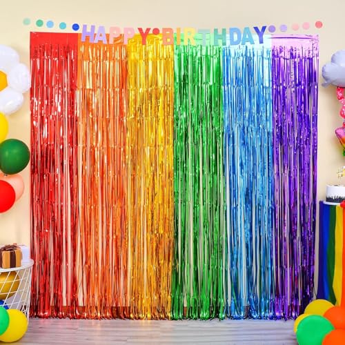 Regenbogen Fasching Party Dekorationen, 2er Pack Karneval deko Regenbogen Fastnacht Folien Fransenvorhänge, Lametta, Glitzer Tinsel Curtain, metallische Luftschlangen, Urlaub, Fotokabinen Requisiten