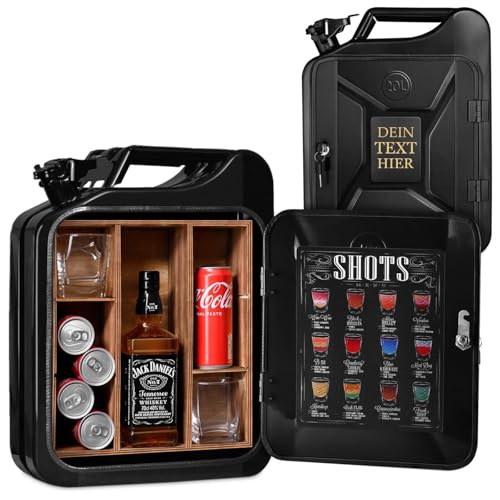 Maverton 20L Kanister Bar mit Gravur - Weihnachtsgeschenke - Jerrycan 4 Herausnehmbaren Fächern schwarzer Metall Mobile Bar Geburtstagsgeschenk für Männer, Abschließbarer Minibar - Größe: 36x46x18cm