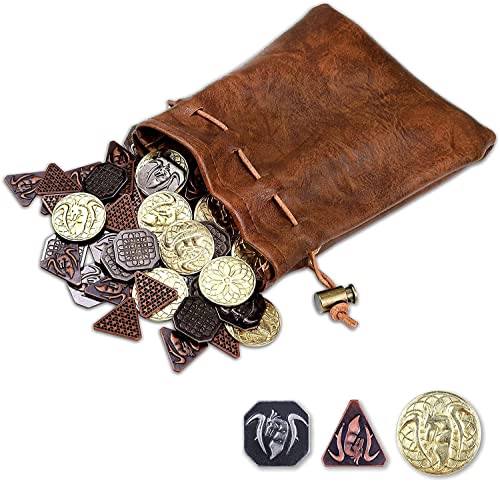 60 DND-Münzen mit Ledertasche, Metallmünzen – Gold-, Silber- und Kupfermünzen, Fantasie-Münzen für Brettspiele, gefälschte Münzen für Spielmarken, Rollenspielmünzen von Dungeons and Dragons