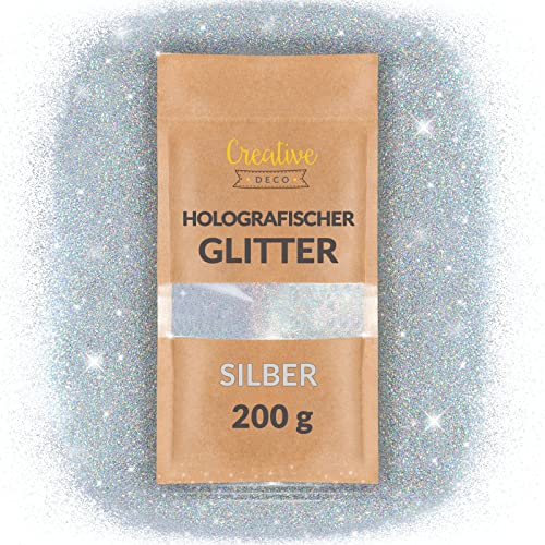 Creative Deco 200g Silber Holographischer Glitzerpulver für Wandfarbe | 0,2mm Glitzer-Pulver Glitzer Wand | Farbzusätze Nagel-Lack & Epoxid-Harz Zusatz | Für Kunst Handwerk Schleim & DIY