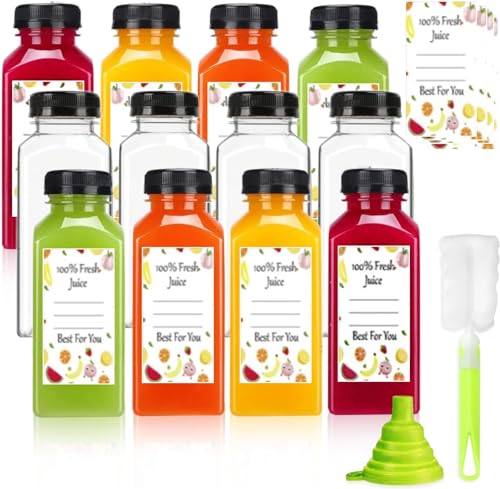 Leaflai Saftflaschen, 12 Stück, 350 ml Schnapsflaschen mit Deckel, Kunststoff-Saftflaschen mit Fruchtaufklebern, wiederverwendbare leere Flaschen für Saft, Milch, Smoothie oder Trinken