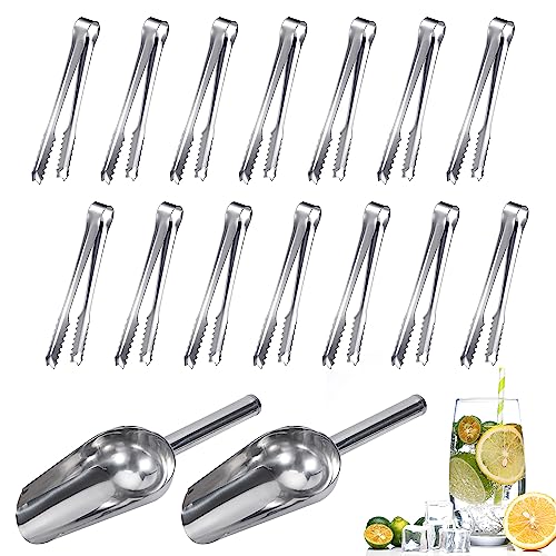 Edelstahl Eiszange Set 14 Stück Mini Servierzange und 2 Stück Schaufel Küche Eiswürfelzange Salatzange Candy Clip für Bar Hochzeit Party Grill Büfett