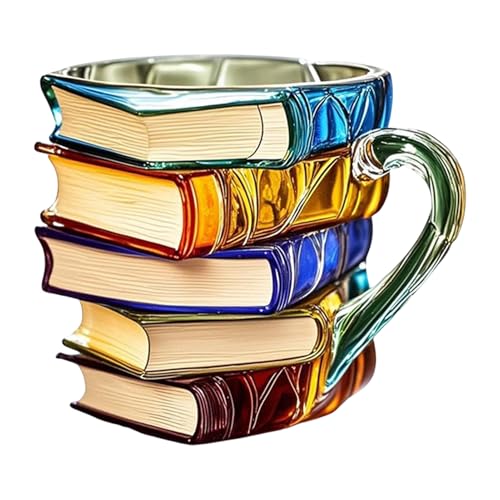 Ghjkldha Gemalte Buchtasse aus Harz, Neuheit Trinkbecher, 12 x 12 x 10 cm, gestapelter Kaffeebehälter, Tee-Milchgefäß, künstlerisches Literatur-Design, hochwertige Keramikware für Leser, Heimgebrauch