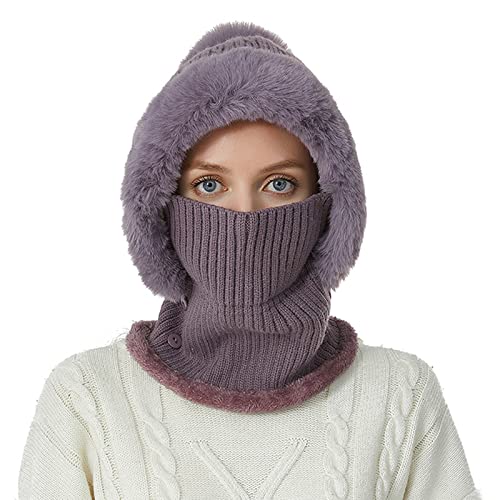 WKAYsIV Bergmütze Neck Kit Mode Einfavielseitige Strickmütze Damen Warmer Gehörschutz Fell Mütze(Lila,M)