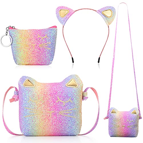 Weewooday 3 Stück Katzen Umhängetasche Geldbörsen Stirnband für Mädchen, Süße Handtaschen Katzen Handtasche mit Mini Geldbörse Katzen Stirnband für Kleines Mädchen (Glitzer Regenbogen Farbe)