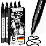 Artistro 5 Acrylstifte Schwarz, Zeichenstifte, Stifte für Steine, Felsmalerei, Keramik, Glas, Holz, Metall, Leinwand, DIY, 5-er Set Acrylfarbe Permanent Marker auf Wasserbasis mit Extra-Feiner Spitze