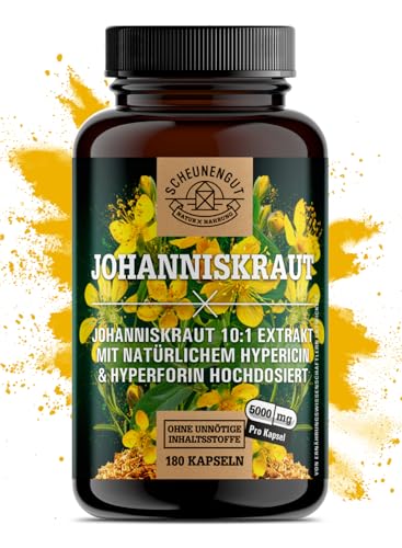 Johanniskraut Kapseln -180 Stück je 5000mg- WICHTIG: 10:1 Extrakt (=5000mg reines Johanniskraut) PLUS Hypericin & Hyperforin I Zertifiziert Laborgeprüft & Vegan -DE- SCHEUNENGUT®