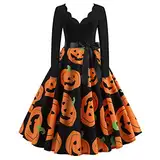 Halloween Retro-Kleider FüR Frauen Halloween Partykleid für Frauen Langarm Cocktail Swing Kleid Kürbis Fledermaus Hexe Bedruckte Cosplay Hepburn Kleider Damen Halloween KostüM Orange 3XL