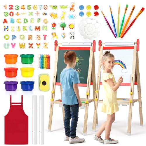 Kinder Staffelei, 3-in-1-Staffelei zum Malen mit Magnettafel, Zeichenpapier, tafel kinder, magnettafel kinder, Höhenverstellbar Standtafel,Geschenk für Kinder,Rot