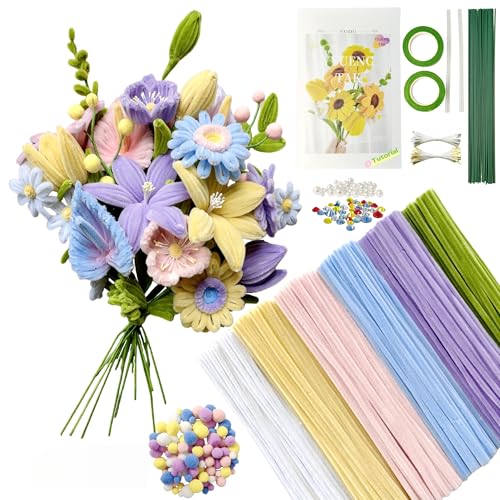 YYUENGTAK 500 Stück Pfeifenreiniger Blumen Set(6 Farben),Pfeifenputzer zum Basteln Blumen,pipe cleaners flower,mit Anweisungen,pompons,20 Stück Blumendraht,2 verschiedene Blumen Staubblatt,Klebeband