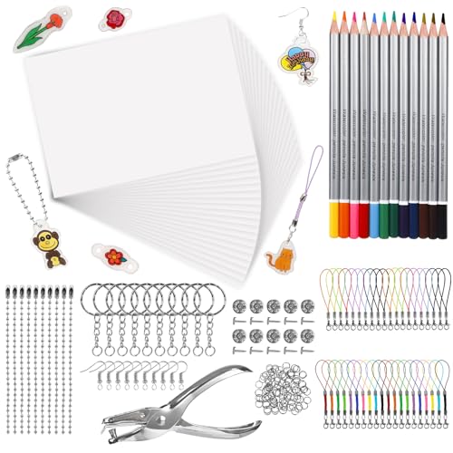 LUZOON Schrumpffolie 218 Stück Schrumpffolie zum Basteln Inklusiv A4 Schrumpffolie Set Schlüsselanhänger, Schließe, Bleistifte, Locher für Kinder DIY Handwerk (A4-Blanko)