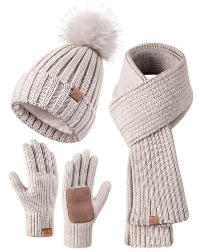 FISFET Mütze, Schal & Handschuh-Sets für Damen, Beanie Mütze Damen Winter mit Bommel Fleece Gefütterte, Touchscreen Handschuhe Schal Wärmer Mütze Damen 3 in 1 Set(Haferflocken)