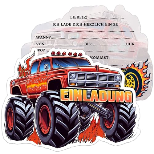 BOYATONG 12× Einladungskarten Kindergeburtstag Junge, Monstertruck Einladungskarten Geburtstag Junge, Truck Geburtstagseinladungen Jungen, Einladung Kindergeburtstag Junge für Themed Party