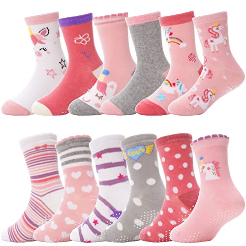 ANTSANG Stoppersocken Kinder Baby Mädchen Socken Anti Rutsch / Rutschfeste Geschenk Socken Baumwolle Antirutschsocken für Kinder Mädchen Kleinkind 12 Paare(Rosa Einhorn,5-8 Jahre)