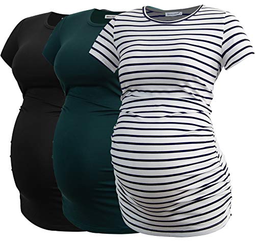 Smallshow Damen Umstandsmode Tops Seitlich Geraffte Schwangerschafts Umstandstop 3er Pack Black-Deep Green-White Stripe M