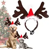 Weihnachten Haustier Stirnband, Rentier Geweih Weihnachtskostüm Elch Kopfbedeckung Verstellbare Kopfschmuck Haarreif mit Weihnachtsmütze, Geschenk Kostüm Outfit für Hunde Katzen