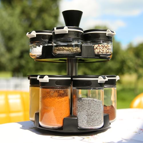 your GEAR Gewürzstreuer Double-Flip - Gewürzdosen in 2 Größen (200ml + 85ml) aus Glas mit drehbarem Gewürzregal, selbstreinigender Streueinsatz, Gewürzgläser im Gewürzkarussell mit Etiketten
