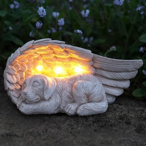 Festive Lights Gedenkstein mit solarbetriebener LED Beleuchtung Engelsflügel mit Hund Grabdekoration Wetterfest Grabstein Hund Grablicht Solar Gedenkstein Hund Erinnerung Hund Engelsflügel